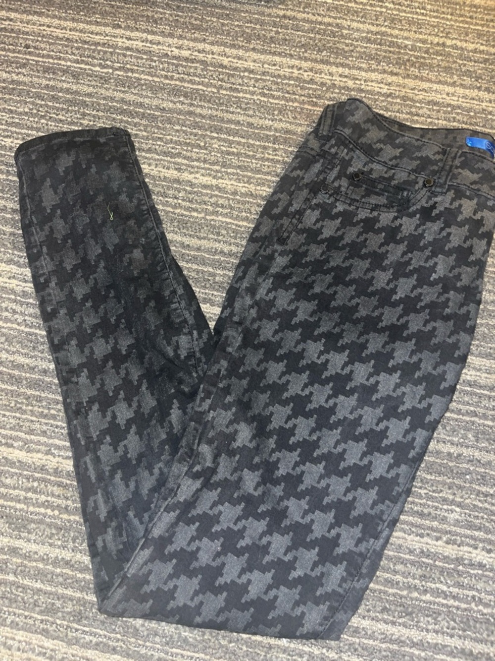 Skinny Houndstooth Print Pants - Black/Grey